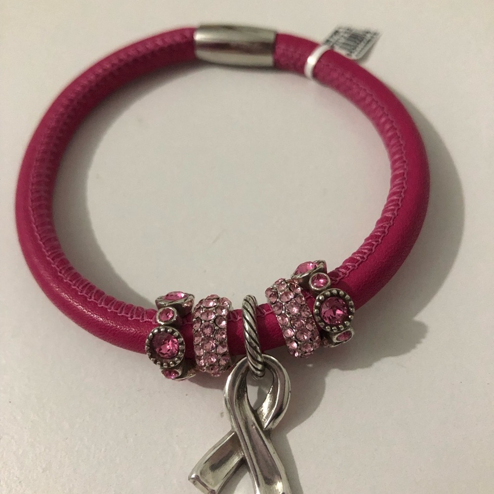 NWT Brighton Pink Woodstock Leather Bracelet With Pink Ribbon And Crystal Charms - Picture 2 of 5